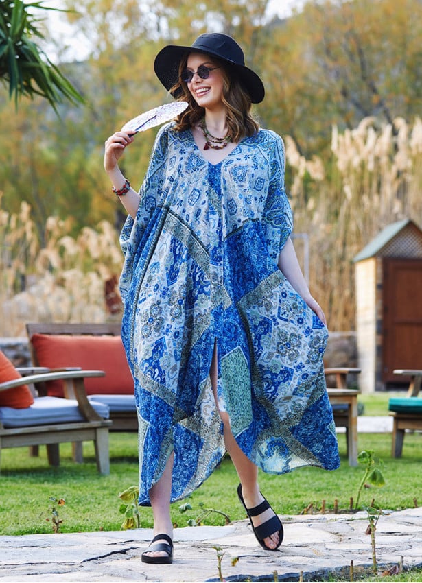 Blue Patterned Low Back Bohemian Summer Dress