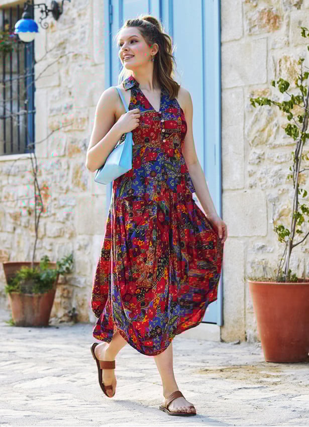 Floral Printed Shirt Collar Long Boho Dress