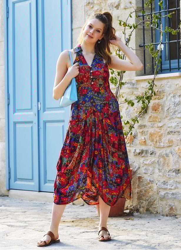Floral Printed Shirt Collar Long Boho Dress
