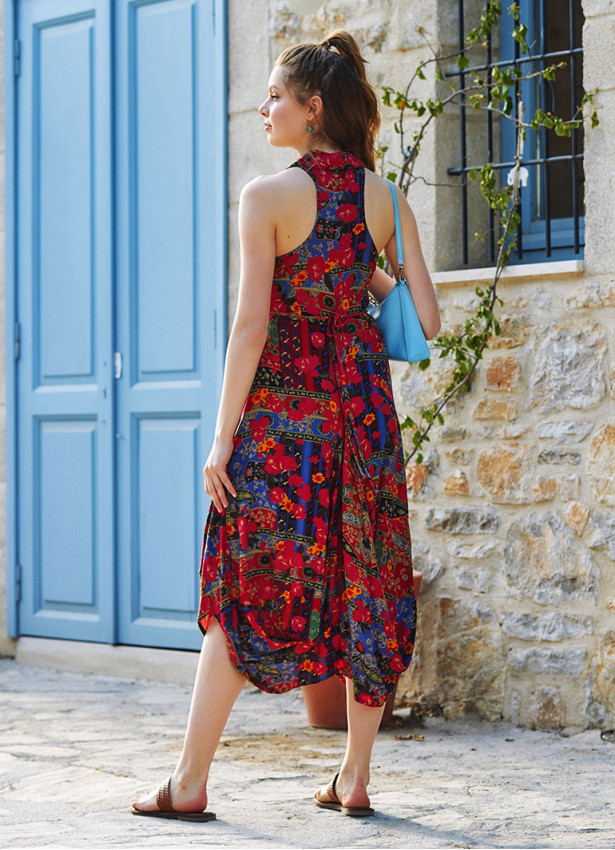 Floral Printed Shirt Collar Long Boho Dress