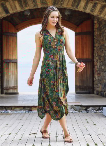 Green Shirt Collar Long Boho Dress