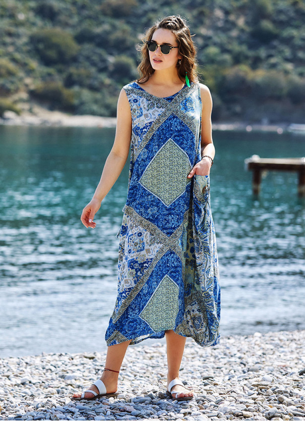 Blue Print Scoop Neck Pocket Detail Boho Maxi Dress