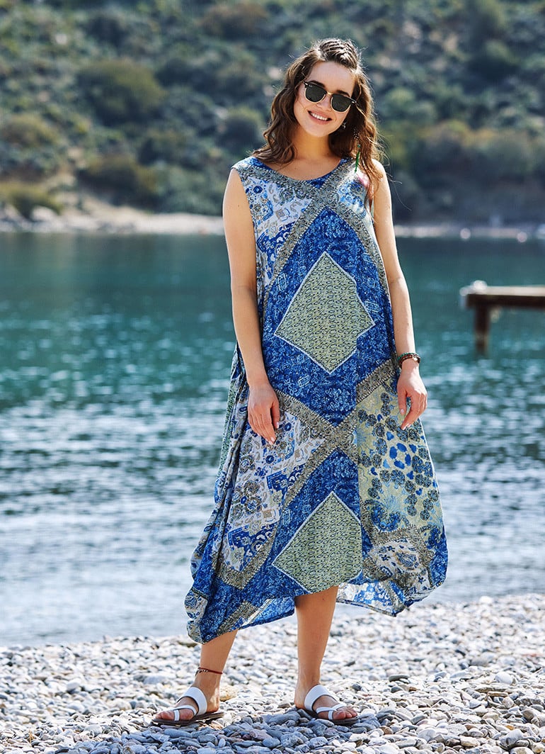 Blue Print Scoop Neck Boho Maxi Dress Wholesale Boho Clothing