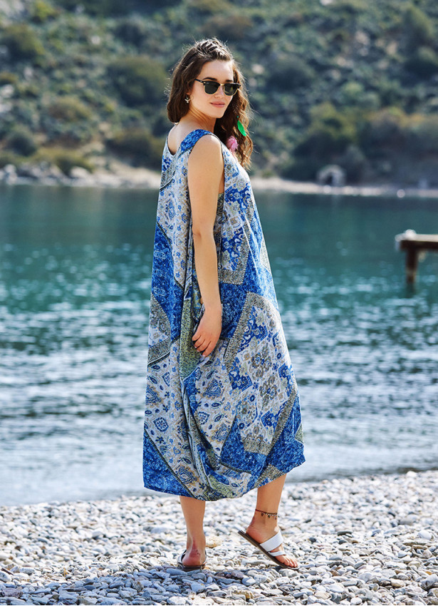 Blue Print Scoop Neck Pocket Detail Boho Maxi Dress