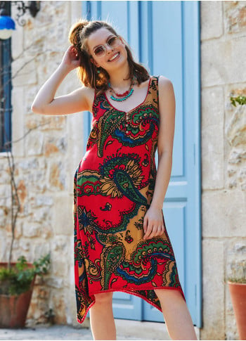 Red Paisley Print Asymmetrical Hem Cute Summer Dress
