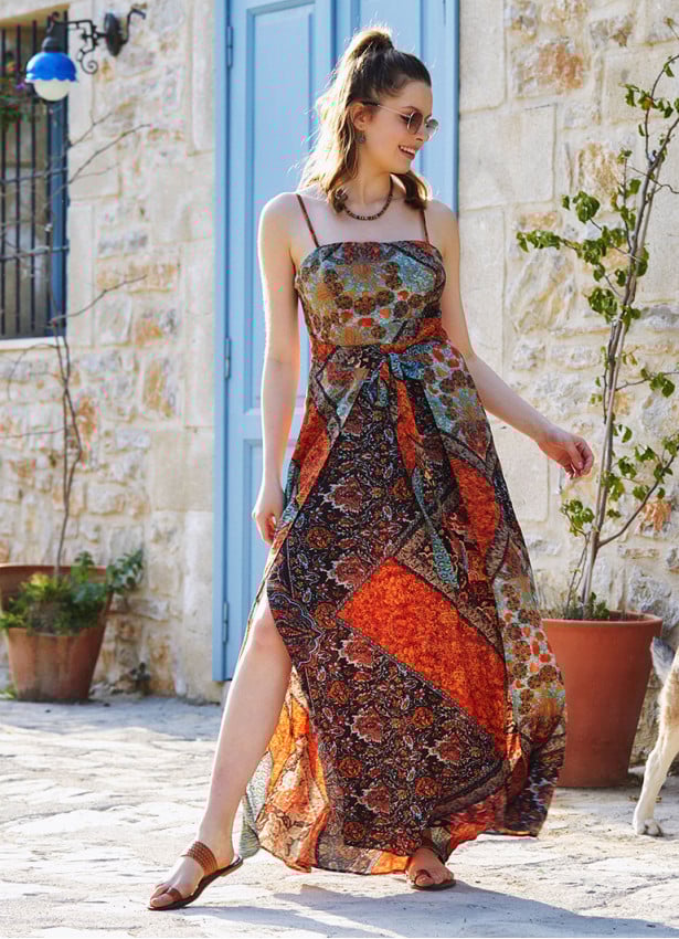 Brown Patterned Strappy Wrap Maxi Dress