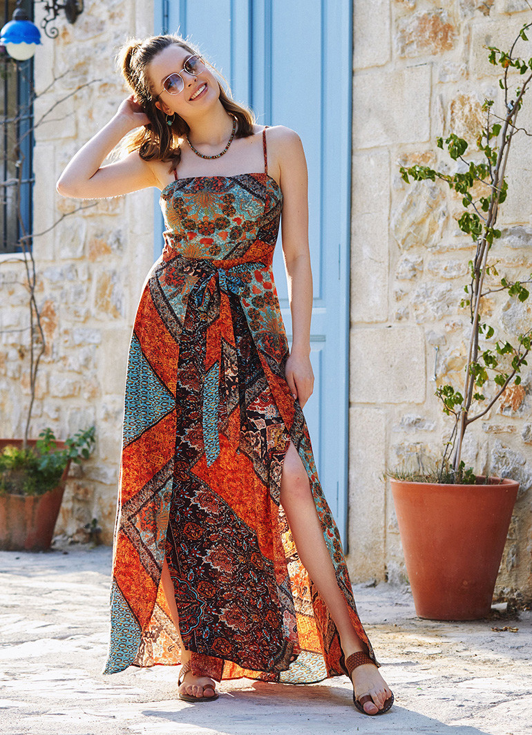Brown Patterned Strappy Wrap Maxi Dress Wholesale Boho Clothing