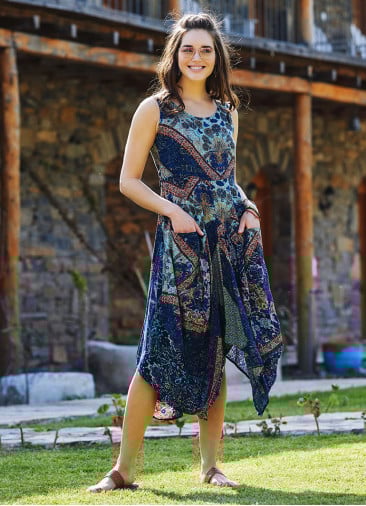 Blue Patterned Sleeveless Paisley Tie Waist Dress