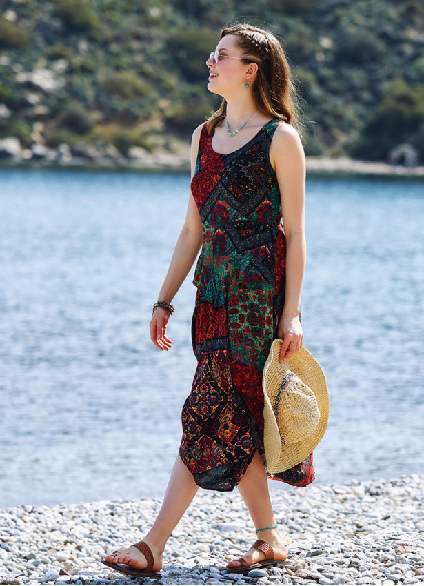 Black Print Round Neck Sleeveless Tie Waist Boho Long Dress