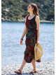 Black Print Round Neck Sleeveless Tie Waist Boho Long Dress