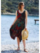 Black Print Round Neck Sleeveless Tie Waist Boho Long Dress