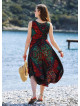 Black Print Round Neck Sleeveless Tie Waist Boho Long Dress