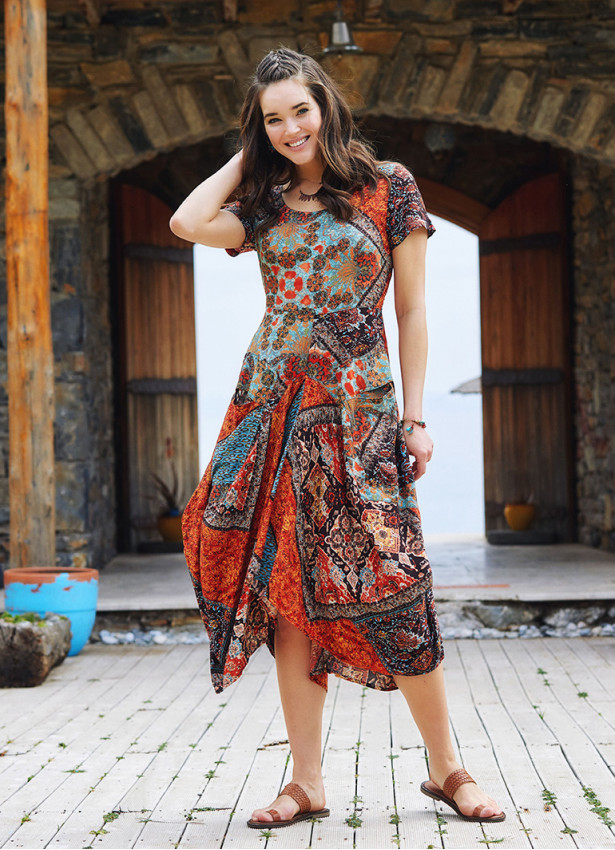 Brown Print Asymmetrical Hem Half Sleeve Bohemian Long Dress