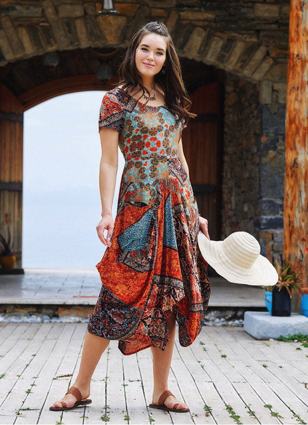 Brown Print Asymmetrical Hem Half Sleeve Bohemian Long Dress