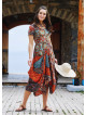Brown Print Asymmetrical Hem Half Sleeve Bohemian Long Dress