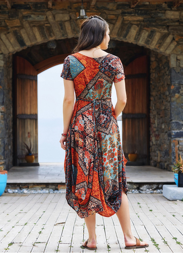 Brown Print Asymmetrical Hem Half Sleeve Bohemian Long Dress
