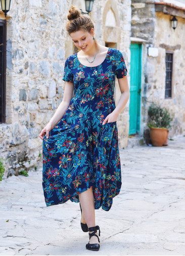 Floral Printed Asymetrical Hem Half Sleeve Long Dress