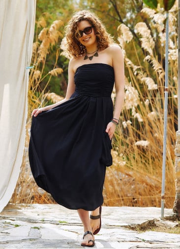 Strapless Chest Pocket Detailed Black Flared Dress 4459