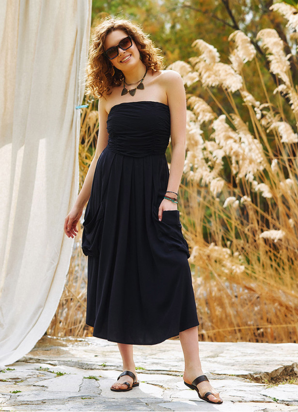 Strapless Chest Pocket Detailed Black Flared Dress 4459