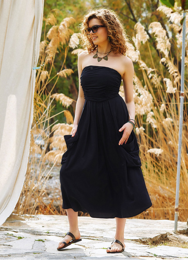 Strapless Chest Pocket Detailed Black Flared Dress 4459