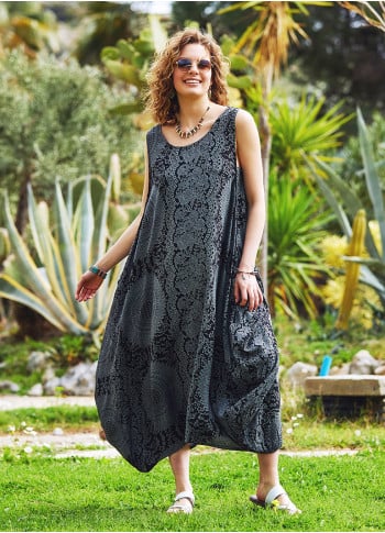 Gray Patterned Scoop Neck Loose Fit Side Pockets Maxi Dress