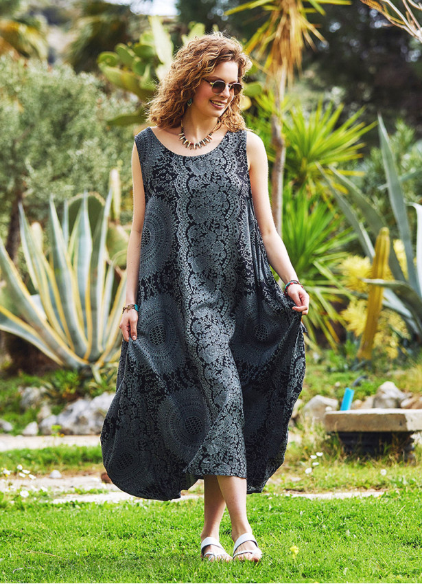 Gray Patterned Scoop Neck Loose Fit Side Pockets Maxi Dress