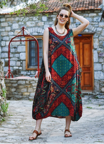 Ethnic Print Pocket Detailed Scoop Neck Loose Fit Maxi Sundress
