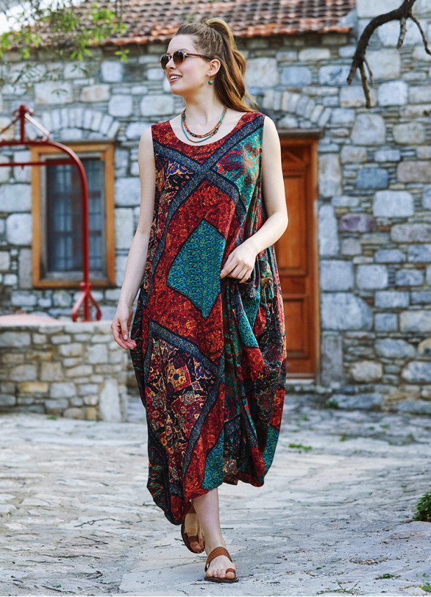 Ethnic Print Pocket Detailed Scoop Neck Loose Fit Maxi Sundress