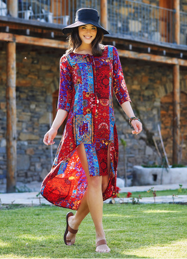 Red Beaded Slits Boat Neck Tassel Tunic Dress