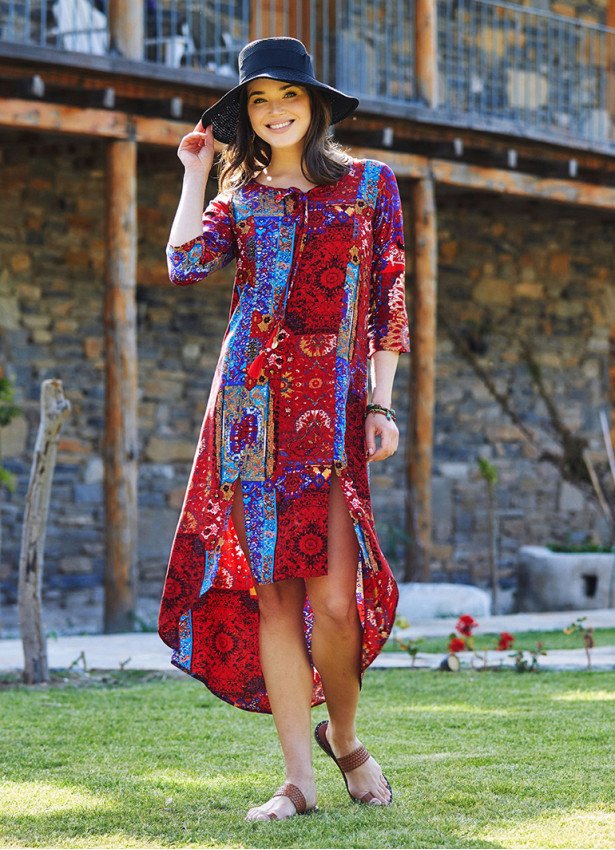 Red Beaded Slits Boat Neck Tassel Tunic Dress