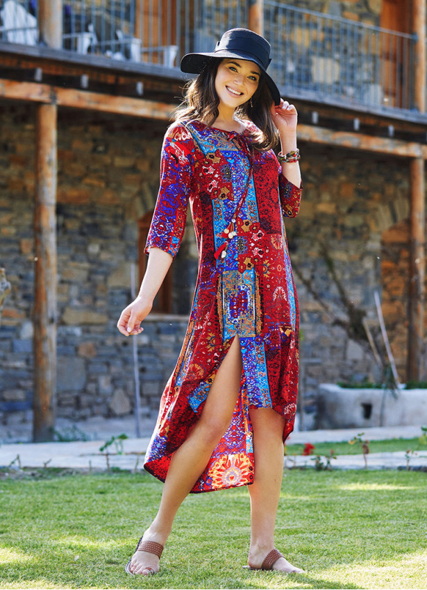Red Beaded Slits Boat Neck Tassel Tunic Dress