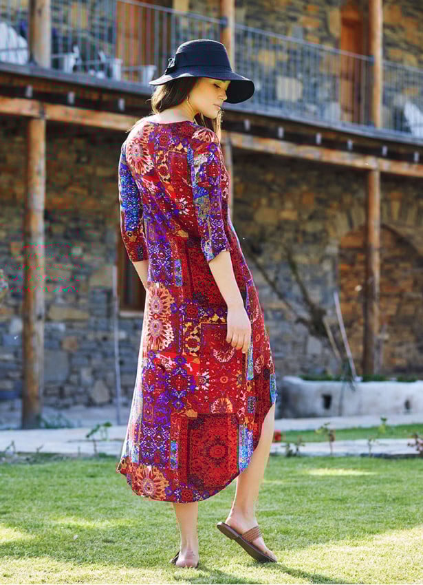 Red Beaded Slits Boat Neck Tassel Tunic Dress