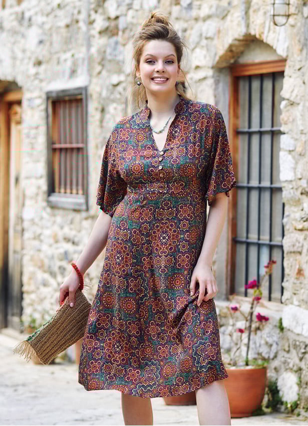 Patterned Button Detailed V Neck Half Sleeve Green Midi Dress 4447