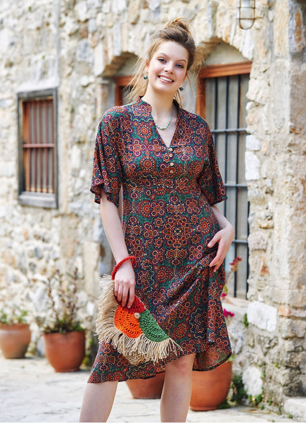 Patterned Button Detailed V Neck Half Sleeve Green Midi Dress 4447