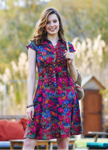 Roma Patterned Shirt Collar Knee Lenght Short Sleeve Dress