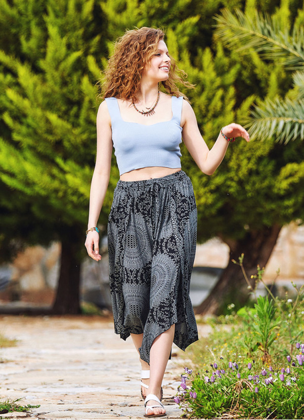 Gray Patterned Bohemian Split Front Palazzo Pants
