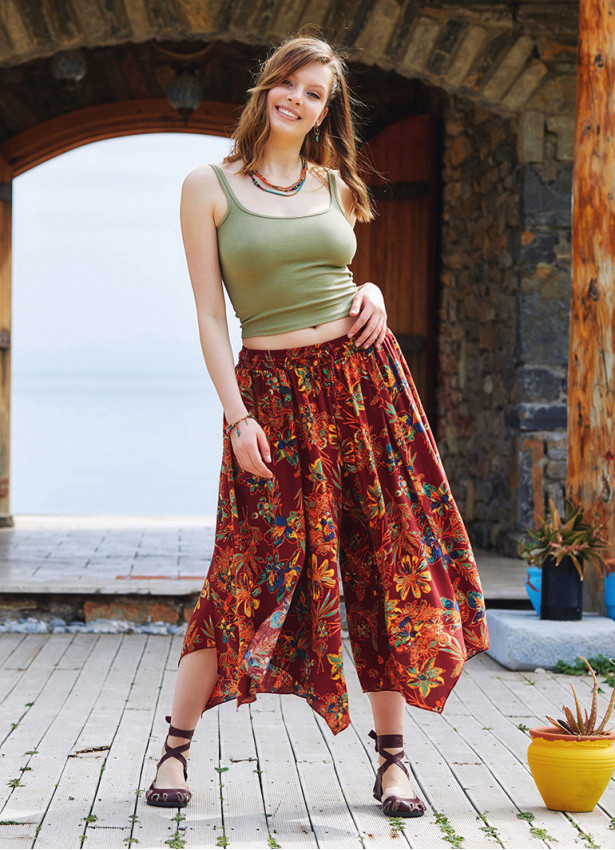 Floral Patterned Bohemian Split Front Palazzo Pants