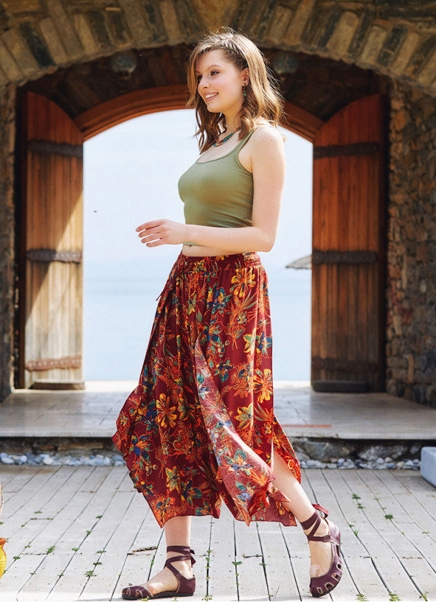Floral Patterned Bohemian Split Front Palazzo Pants