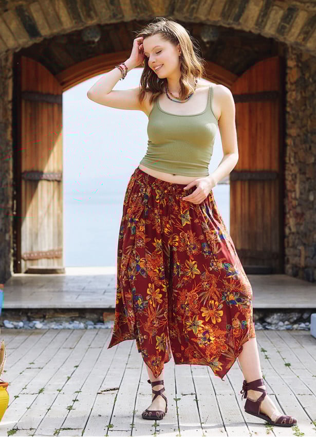 Floral Patterned Bohemian Split Front Palazzo Pants