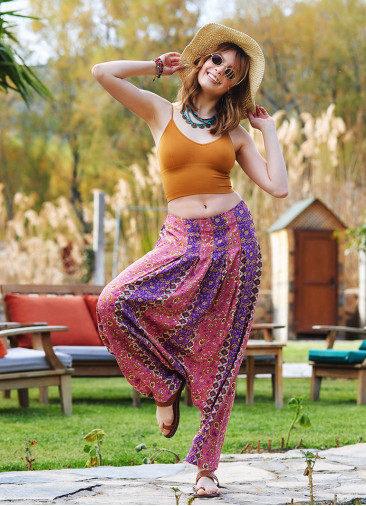 Pink Patterned Bohemian Pleated Harem Pants