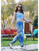 Blue Print Elastic Waist Bohemian Style Baggy Pants