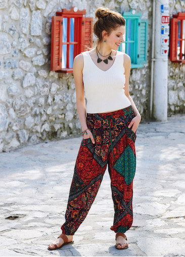 Ethnic Print Elastic Waist Boho Style Baggy Pants
