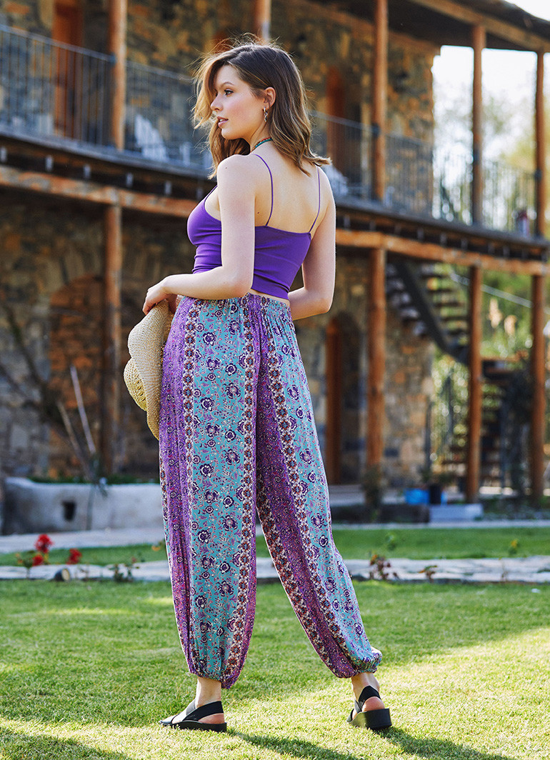 Floral print boho elastic waist yoga harem pants clearance