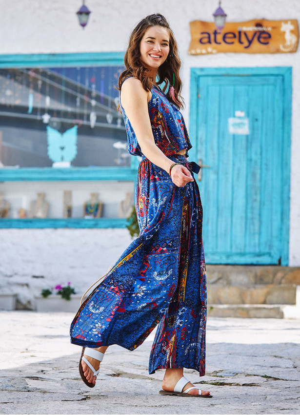 Blue Print Wrap Front Sleeveless Overall