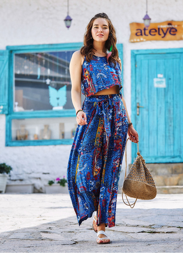 Blue Print Wrap Front Sleeveless Overall