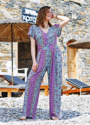 Half Sleeve Patterned Bohemian Jumpsuit