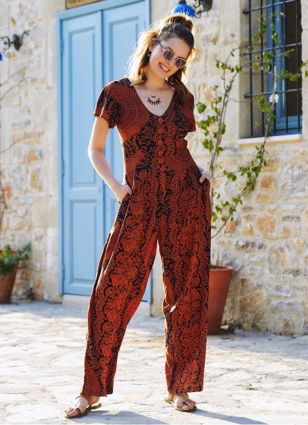 Half Sleeve Wide Leg Bohemian Jumpsuit