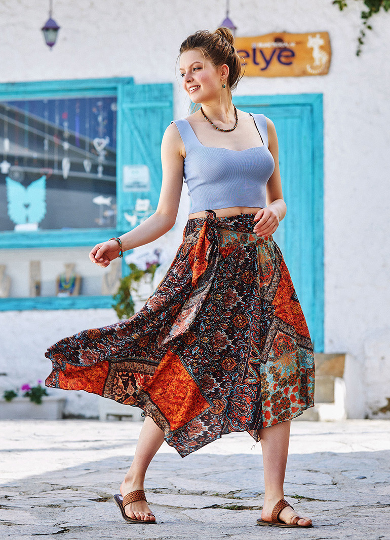 Brown Print Asymmetrical Hem Flowy Midi Skirt | Wholesale Boho Clothing