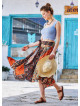 Brown Print Asymmetrical Hem Flowy Midi Skirt