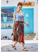 Brown Print Asymmetrical Hem Flowy Midi Skirt